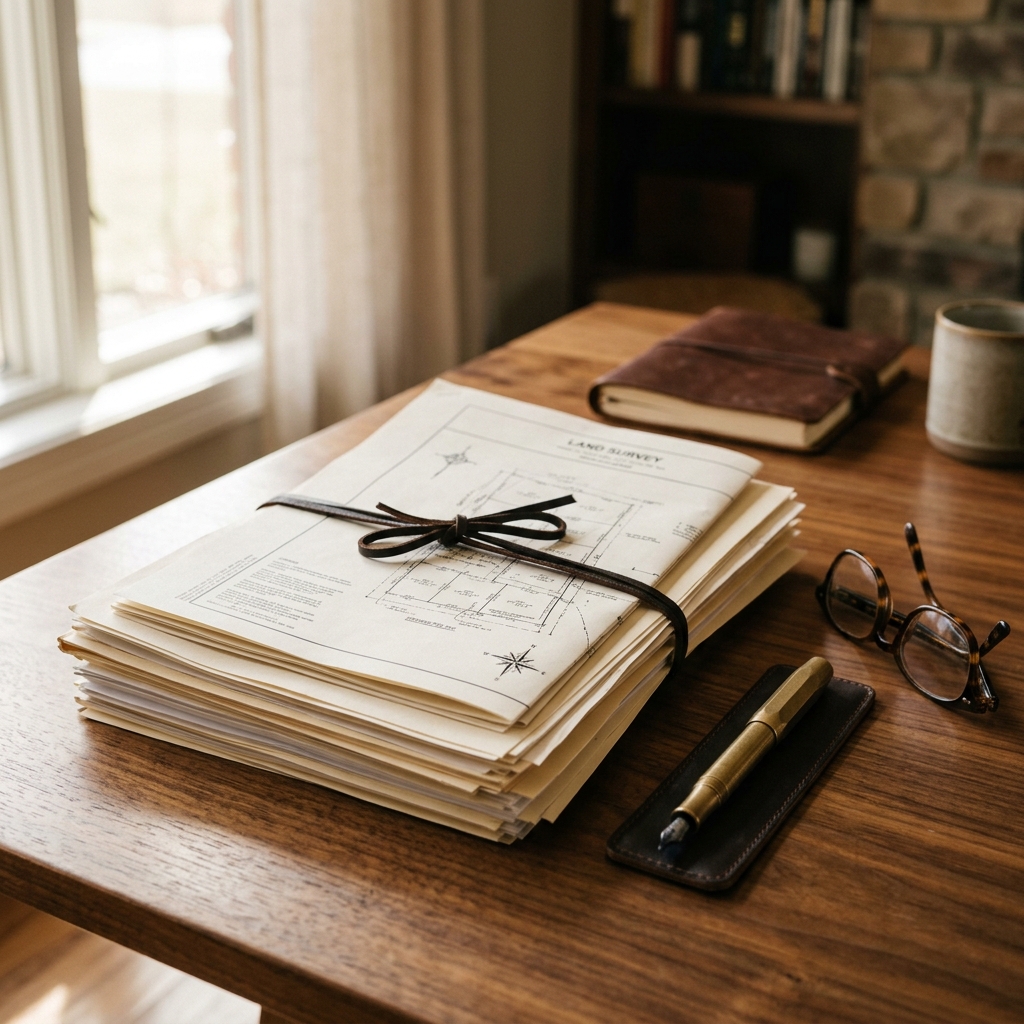 Legal documents and property survey on desk