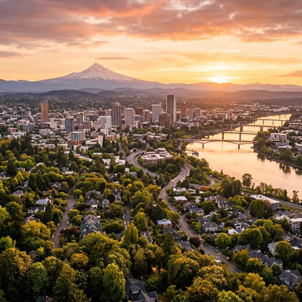 Portland skyline at golden hour with Mount Hood